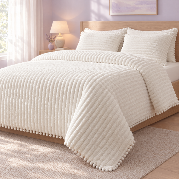 Cloudline ribbed comforter set on an oak bed in a lavender bedroom