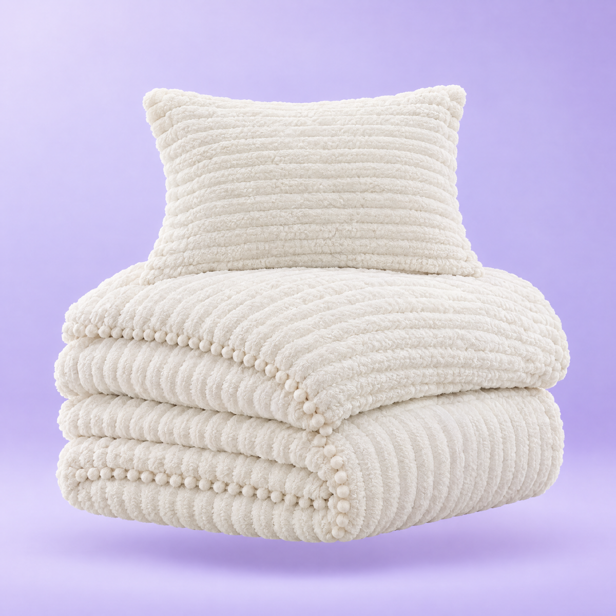 Folded Cloudline comforter with pom-pom trim on a lavender background