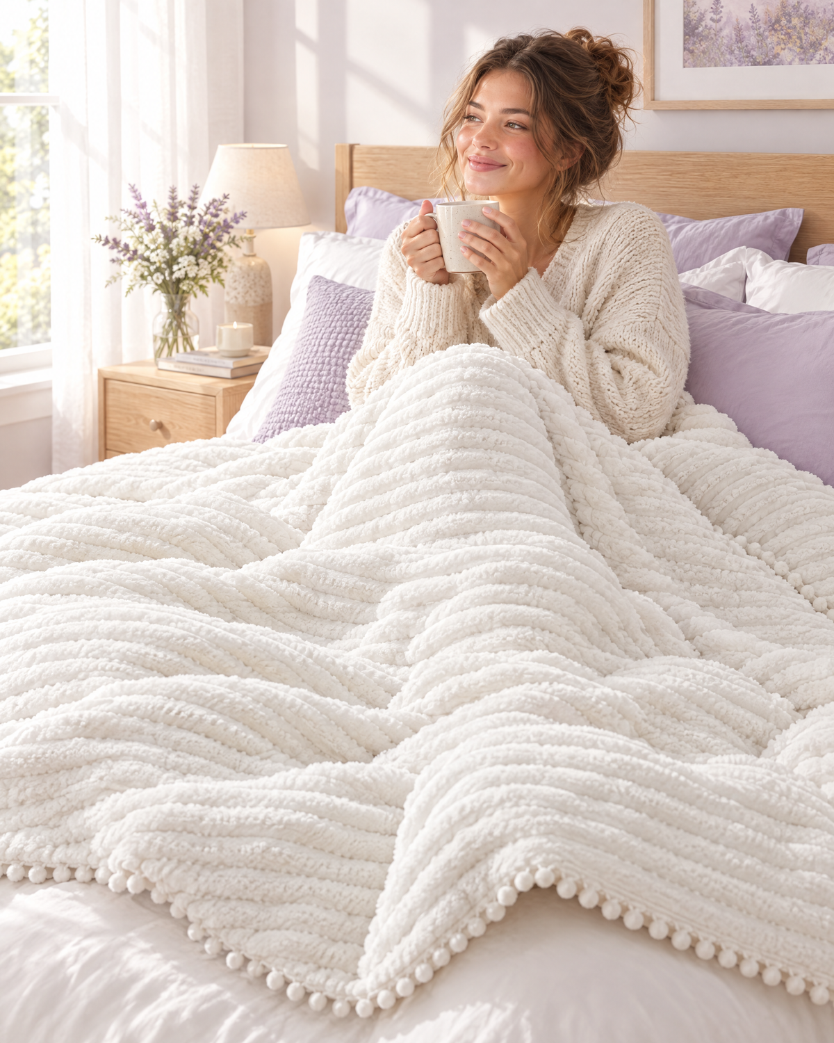 Woman relaxing in bed wrapped in the Cloudline comforter