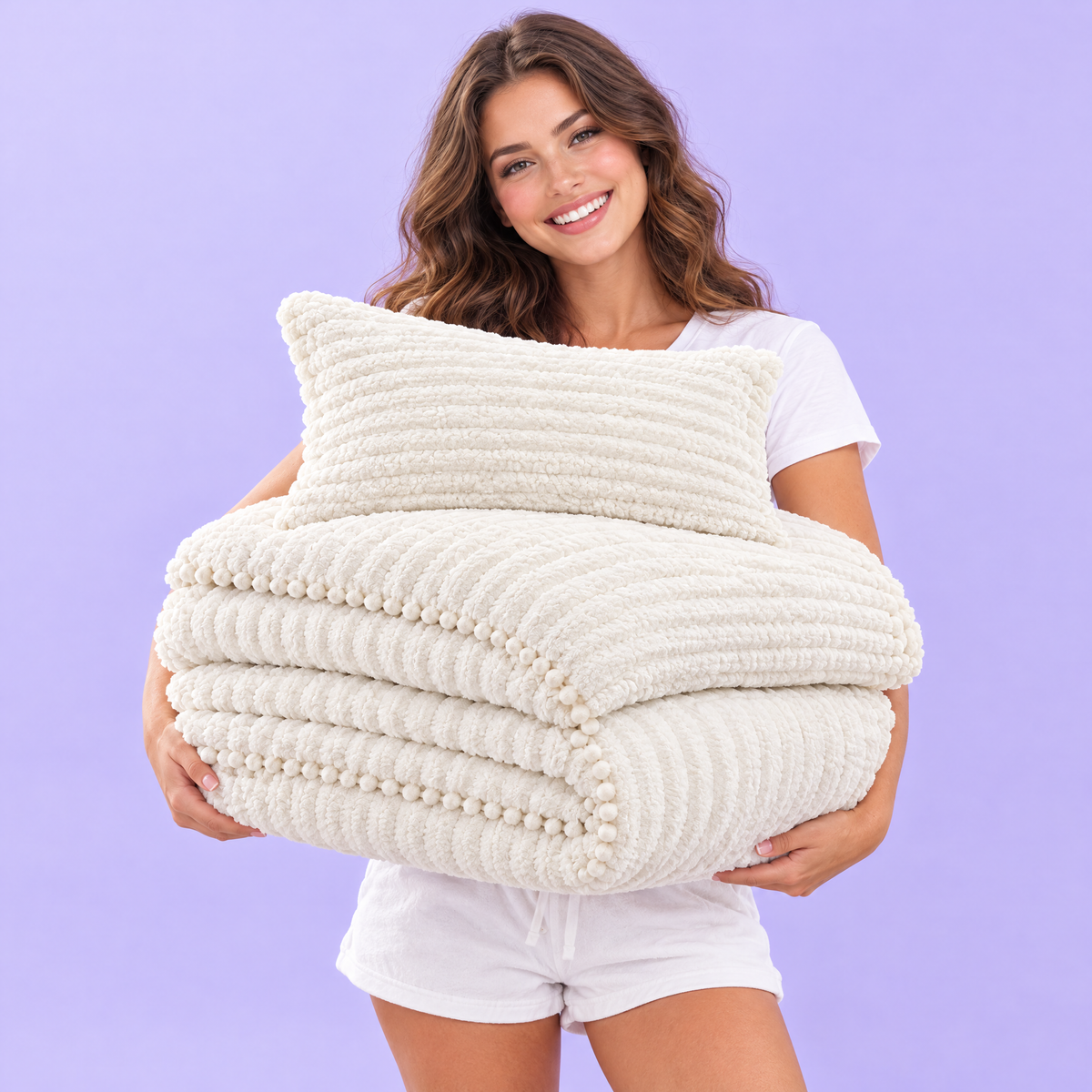 Woman holding the folded Cloudline comforter set