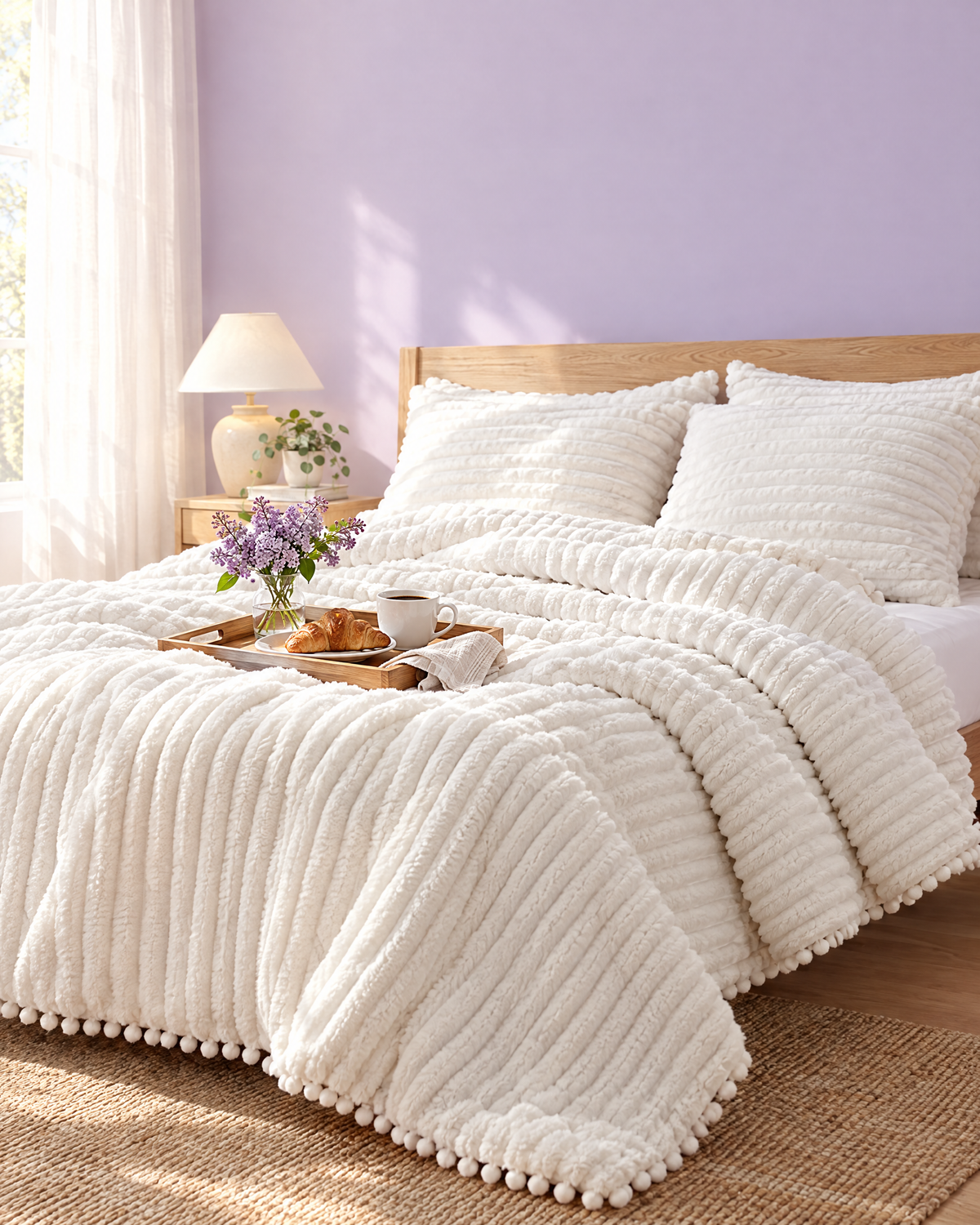 Breakfast tray on the Cloudline comforter in morning light