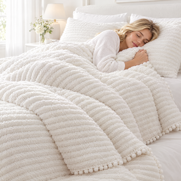 Woman sleeping under the Cloudline ribbed comforter