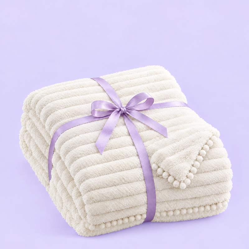 Folded ribbed throw with pom-pom trim