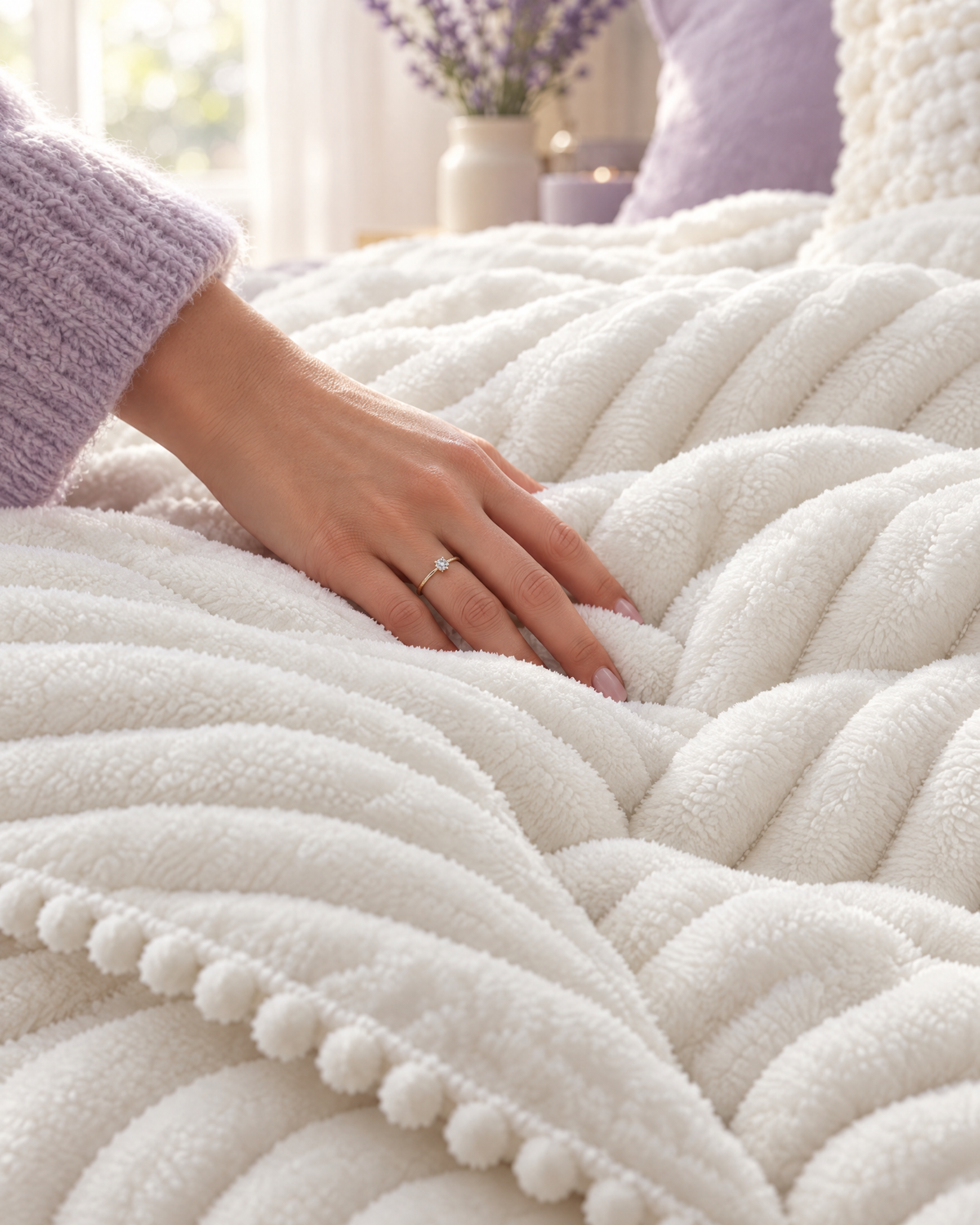 Hand resting on the soft ribbed comforter