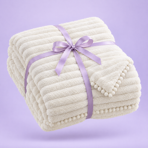 Folded ribbed faux-fur throw with pom-pom trim