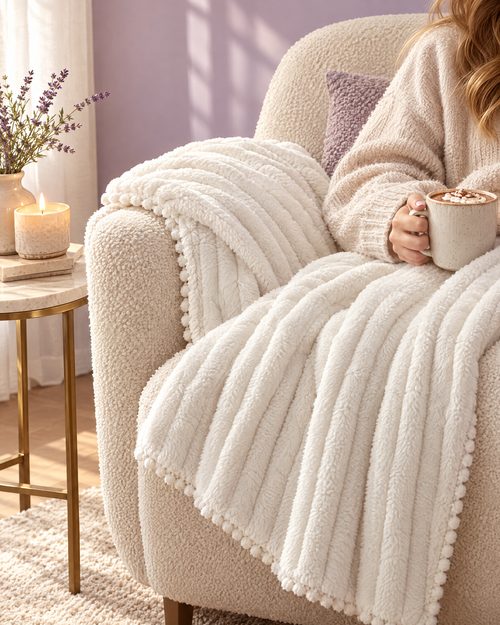 Ribbed throw draped over a boucle armchair