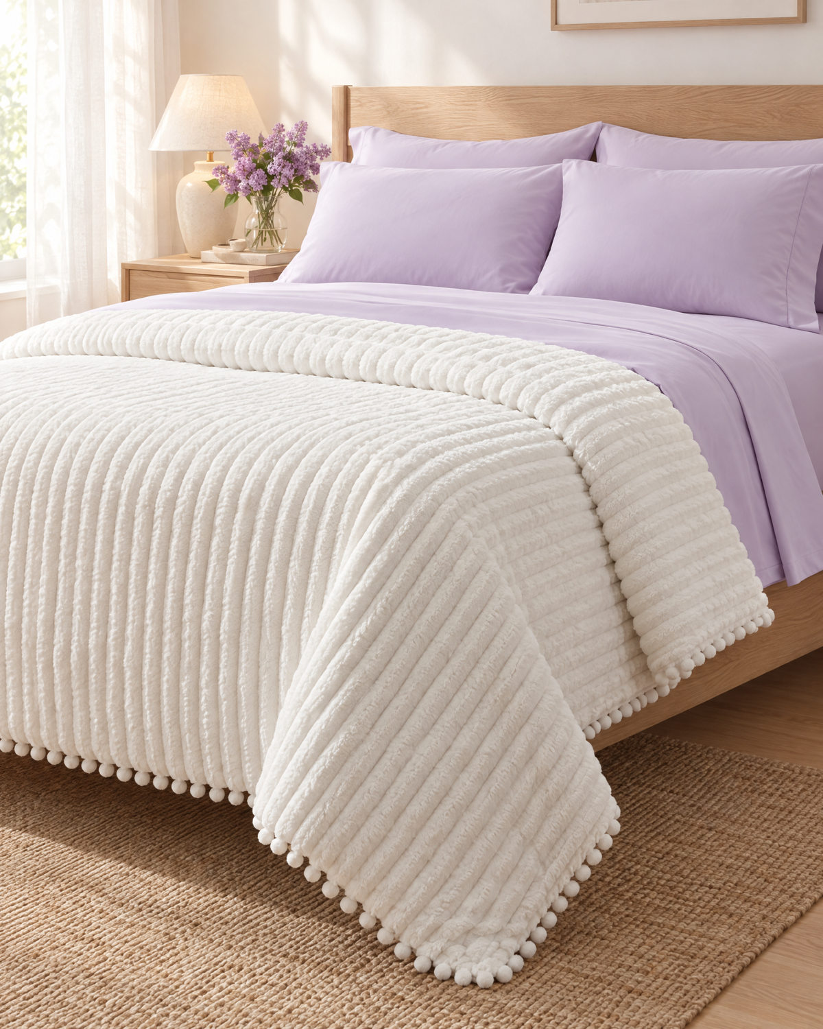 Bed made with Lavender sheets and the Cloudline comforter