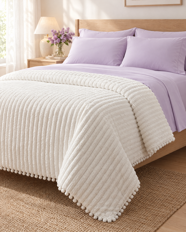 Bed made with Lavender sheets and the Cloudline comforter