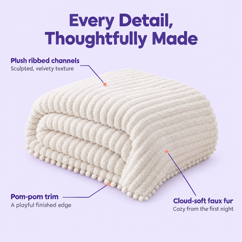 Feature callouts: plush ribbed channels, pom-pom trim, cloud-soft faux fur