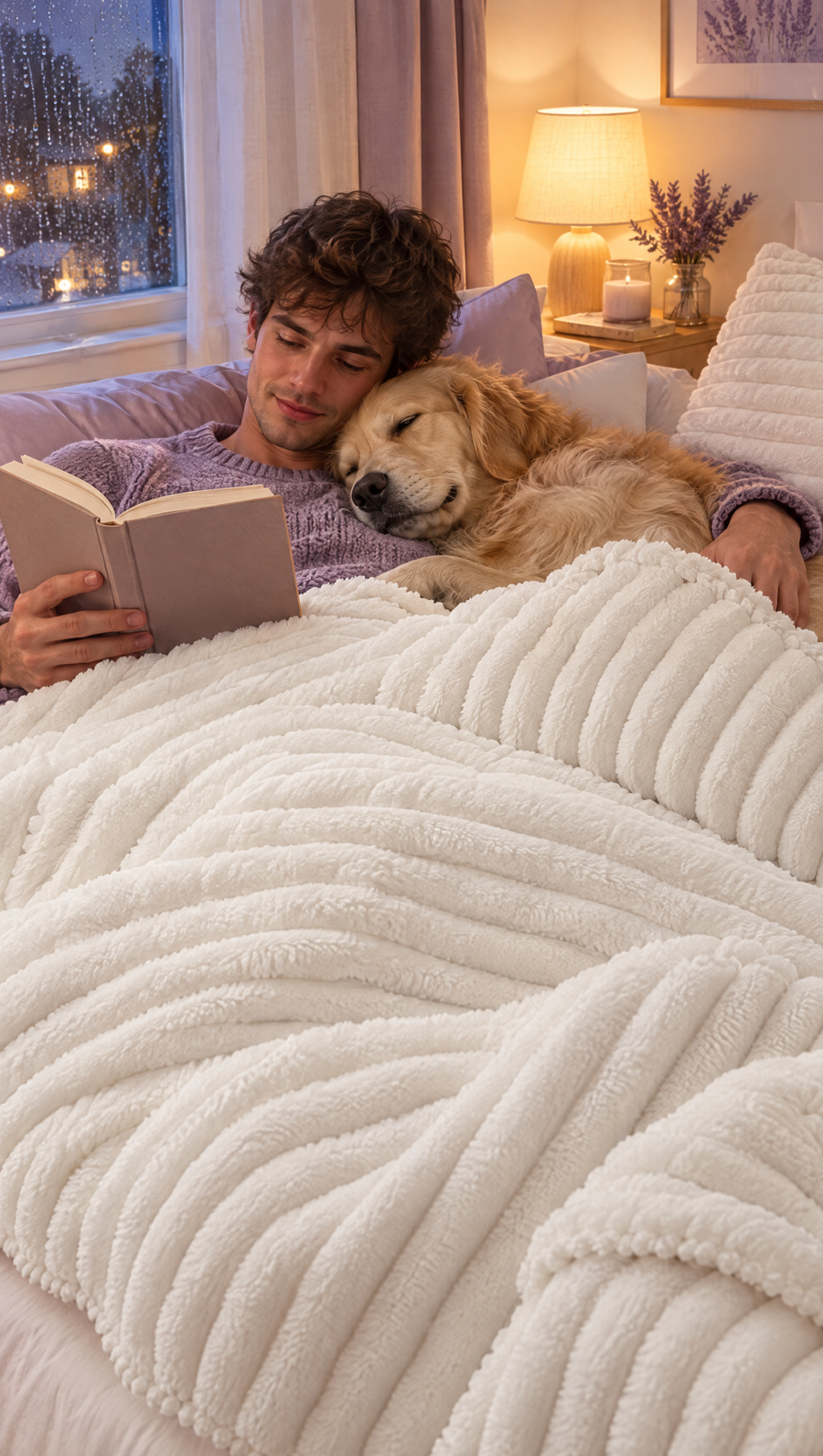 Man and dog reading under the Cloudline comforter