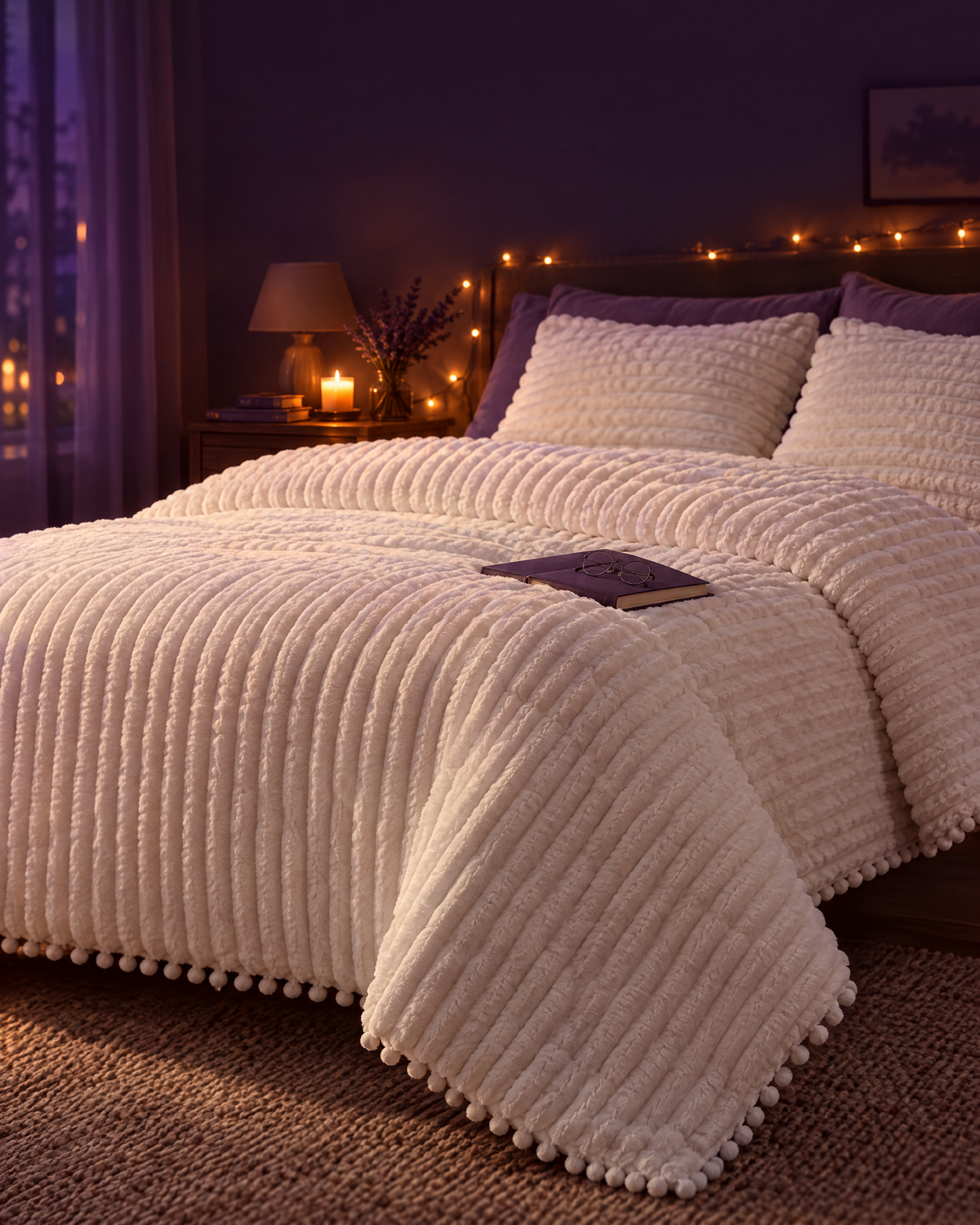 Cloudline comforter on a bed at night with string lights