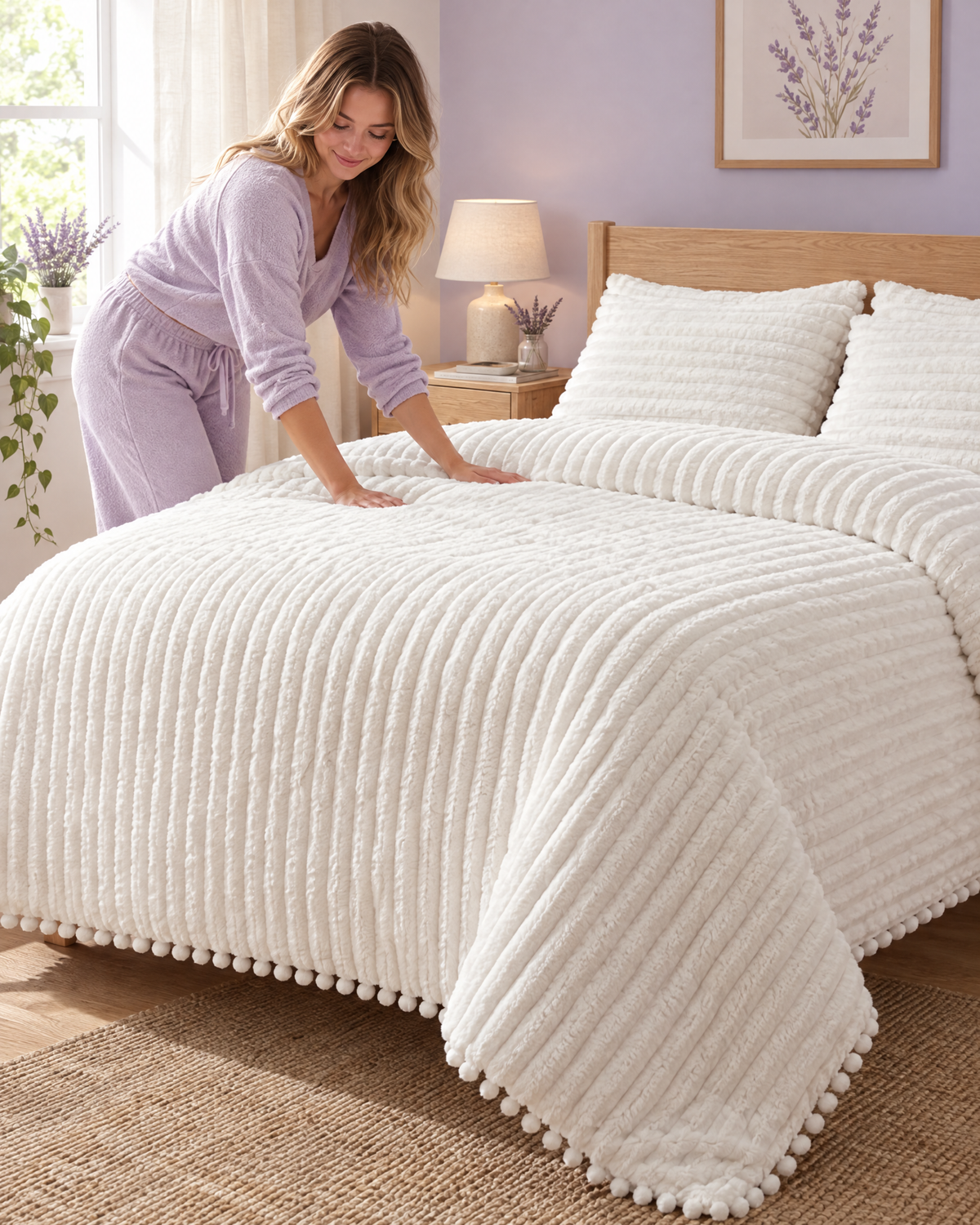Woman smoothing the Cloudline comforter while making her bed