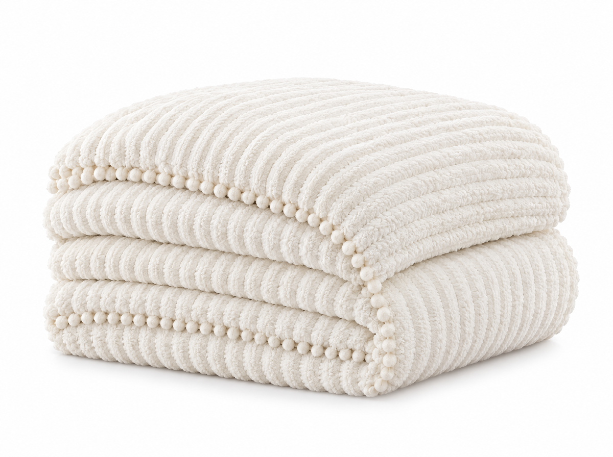 Folded Cloudline ribbed comforter with pom-pom trim